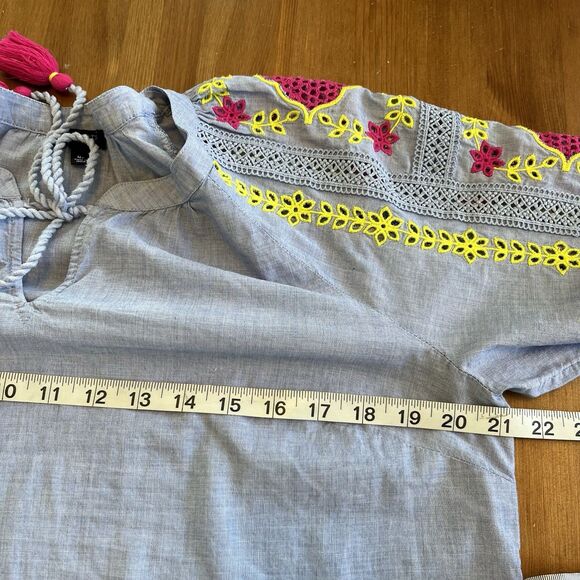 Talbots Top Blouse Womens Petite Med Embroidered Sleeves Blue Peasant Boho - Picture 10 of 11